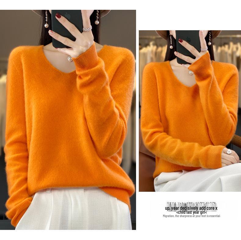 Women's V-Neck Pure Wool Knit Sweater - Heart Neckline, Autumn/Winter Base Layer