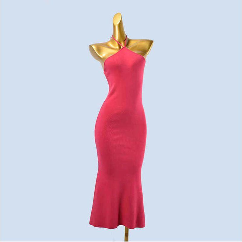 

French Style Knitting Backless Dress Women s Spring and Summer Thin Comfortable Sexy Socialite Halterneck Long Dress Silm Temperament Hip Skirt Rose-red skirt with suspenders All yards