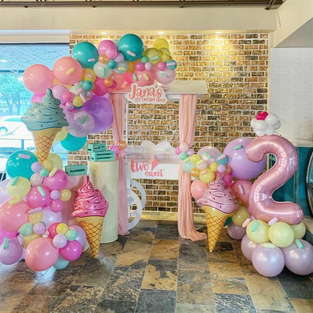 Pink colored balloon arch wreath set, cute ice cream themed macaron balloon set for birthday party shower party decoration