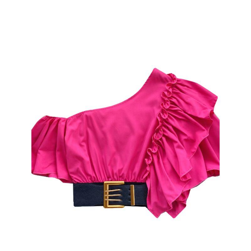 2024 European Shirt Best Selling Stylish One-Shoulder Cold-Shoulder Sweet Fungus Ruffle Sleeve Short Shirt Women's Blouse