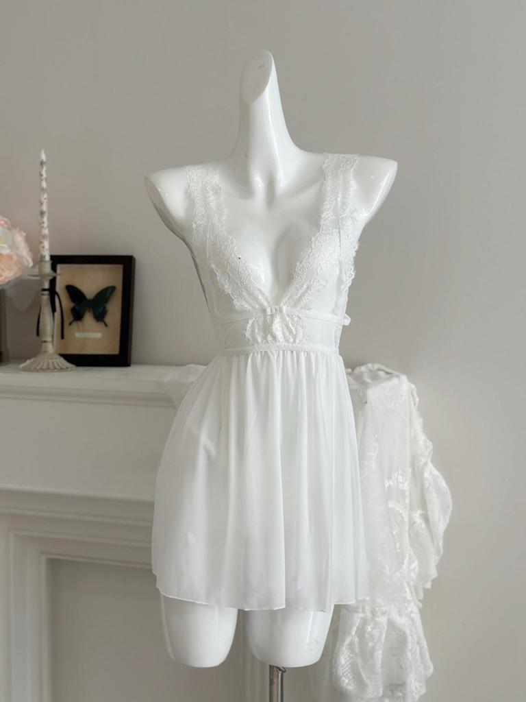 Elegantes tief ausgeschnittenes rückenfreies Spitzen-Netz-Nachthemd - Transparentes Camisole-Dessous für Damen