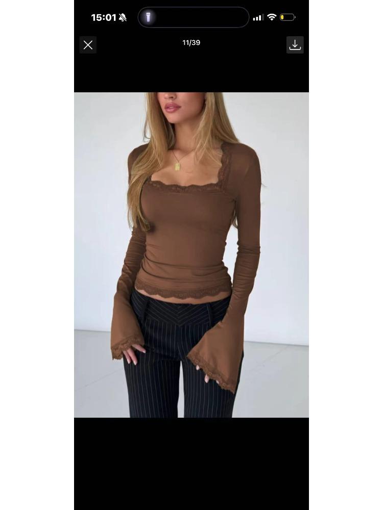 

Light Pink Long Sleeve Top with Lace Trim Detail XL коричневий