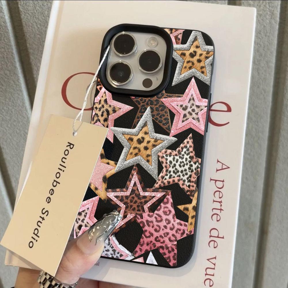 HOT Trendy Leopard Print Stars Lichee Leather Pattern Phone Case For iPhone 17 16e 16 15 14 13 12 11 Air Pro Max Plus X XR XSMax