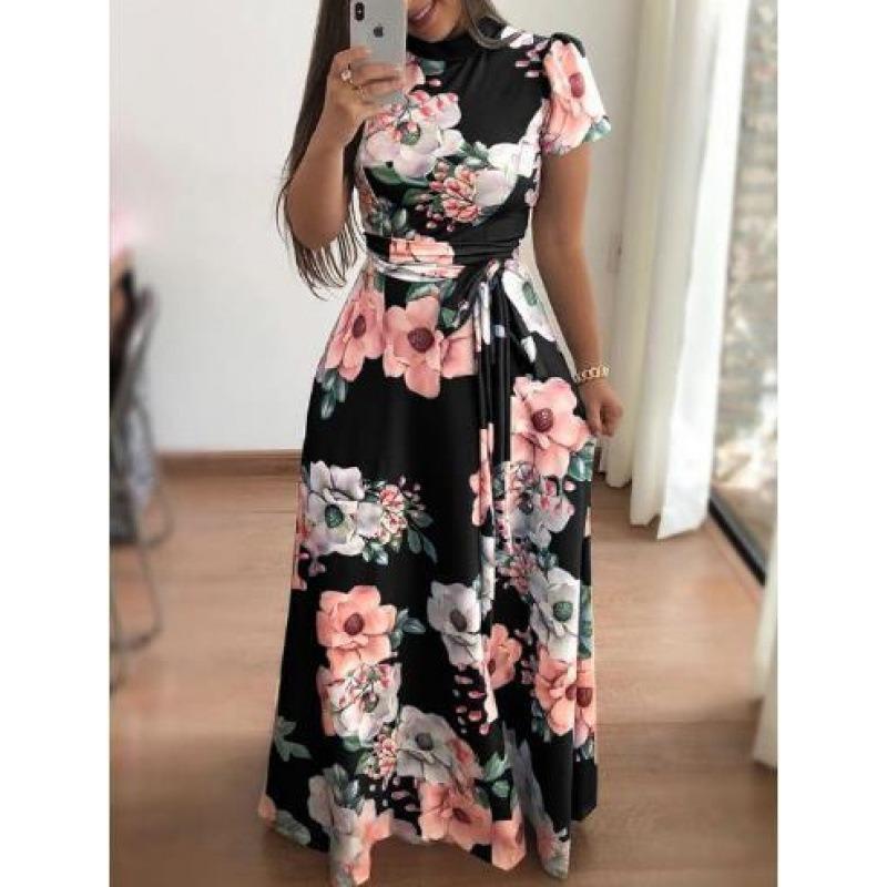 QICED Women's Fashion Summer Spring O-Neck Short Sleeve Casual Dresses