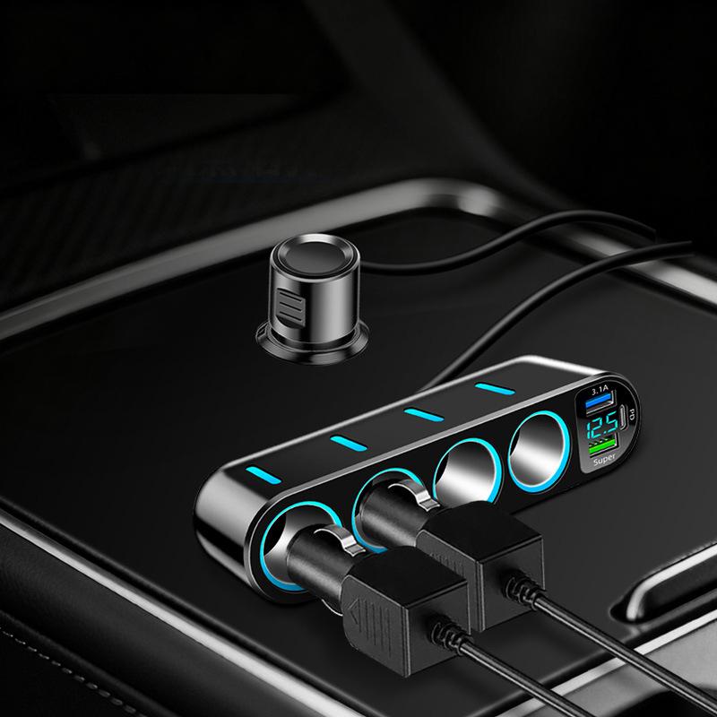 7 In 1 Safe Car Fast Charger Adapter 4 Cigarette Lighter Dual USB PD 12-24V Overheat Protection for Vehicle Use