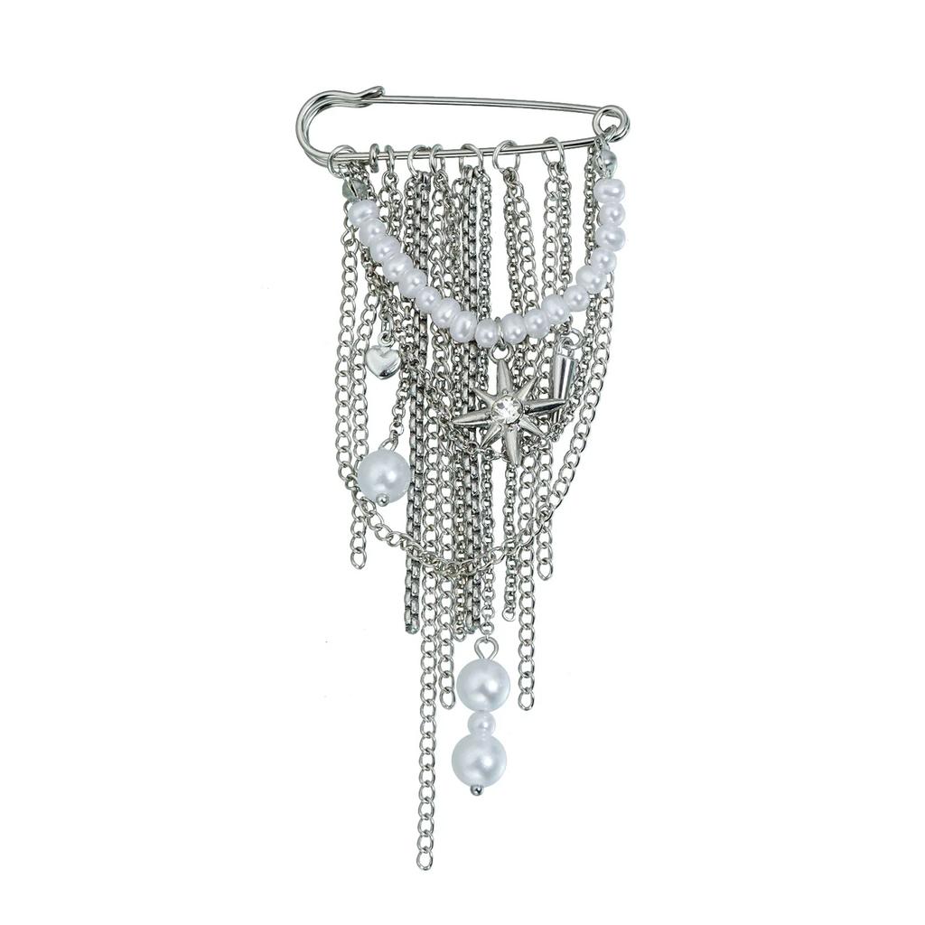Hip Hop Trendy Imitation Pearl Tassel Chain Brooches for Men Women Waist-shaping Fixed Pin Accessory Multi-functional Jewelry