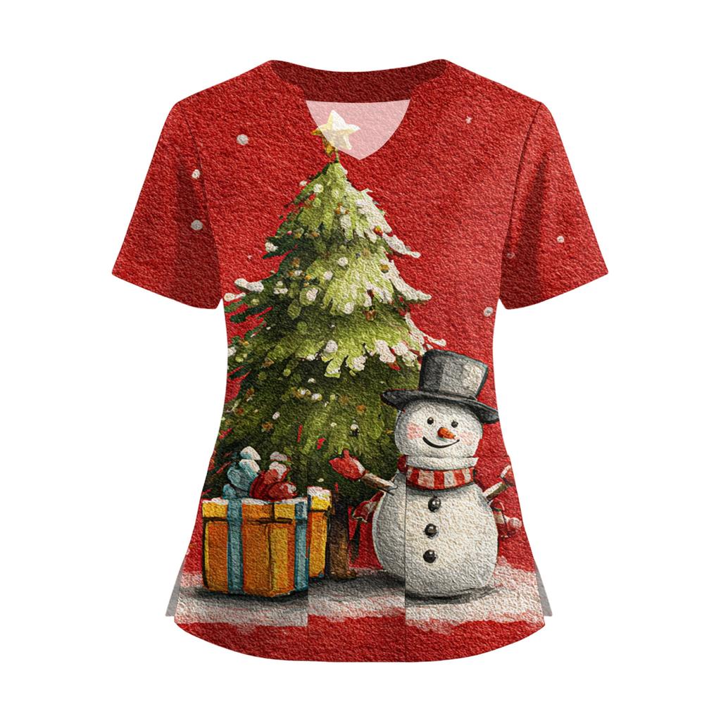 Women's Short Sleeved Christmas Printed V-neck Buttonable Side Slit Top T-shirt