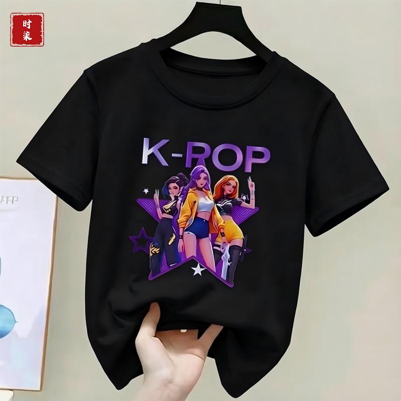 Childrens Kpop Demon Hunter Tshirt girls shortsleeved Tshirt childrens Saja Tshirt childrens casual clothing 100