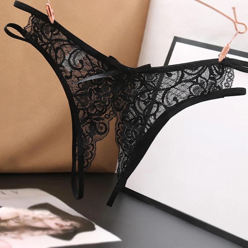 Sexy Lingerie Women Transparent G-strings Thongs Crotch Opening Lace Panties with Bowknot for Ladies