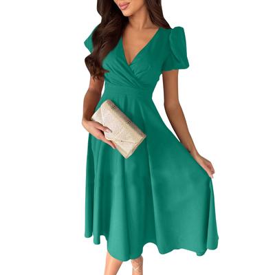 Women's Color Sexy V-neck Short Sleeved Mid Skirt Dress