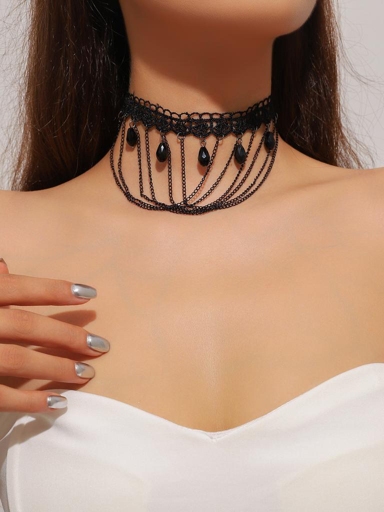 Vintage Black Lace Rose Necklace Bracelet Ring Set Women's Dinner Party, Dark Wind Neck Chain Bracelet
