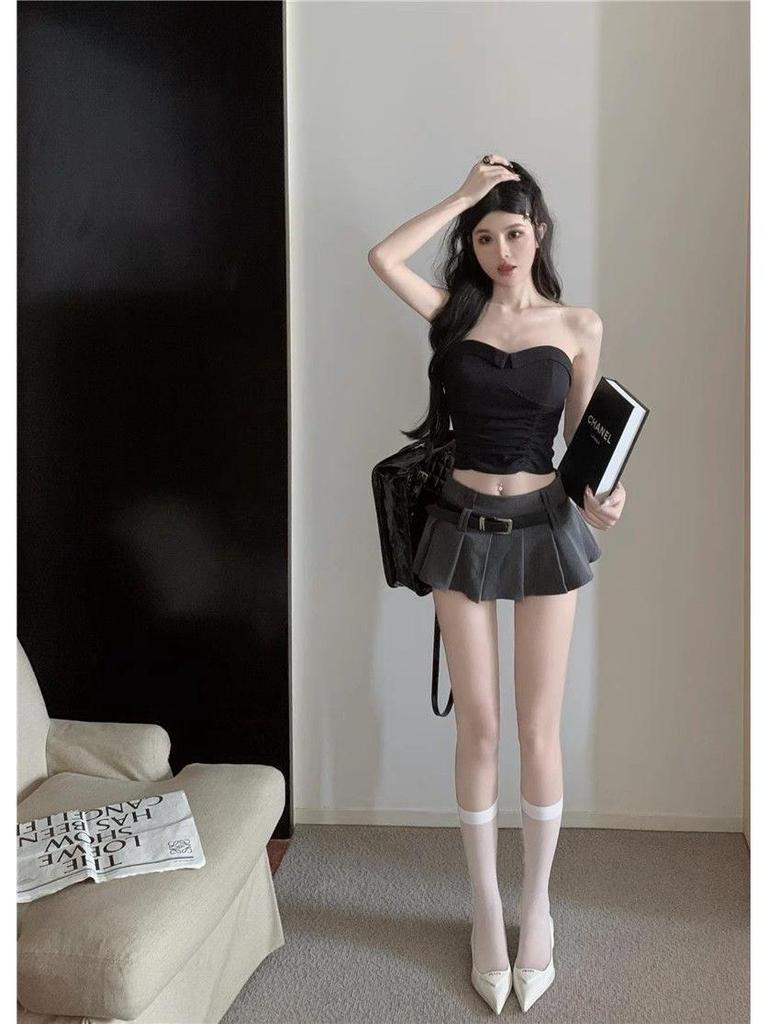 Gray Low Waist A-Line Pleated Midi Skirt for Women, Korean Style 2025 Summer Fashion, Versatile and Slimming Mini Skirt.