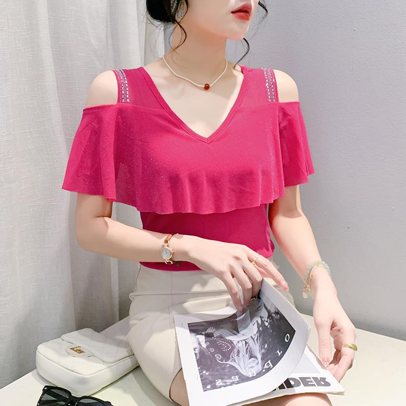 

Футболка с открытыми плечами 2024 года с яркими алмазными акцентами и сетчатыми рукавами в виде листьев лотоса L розы красного