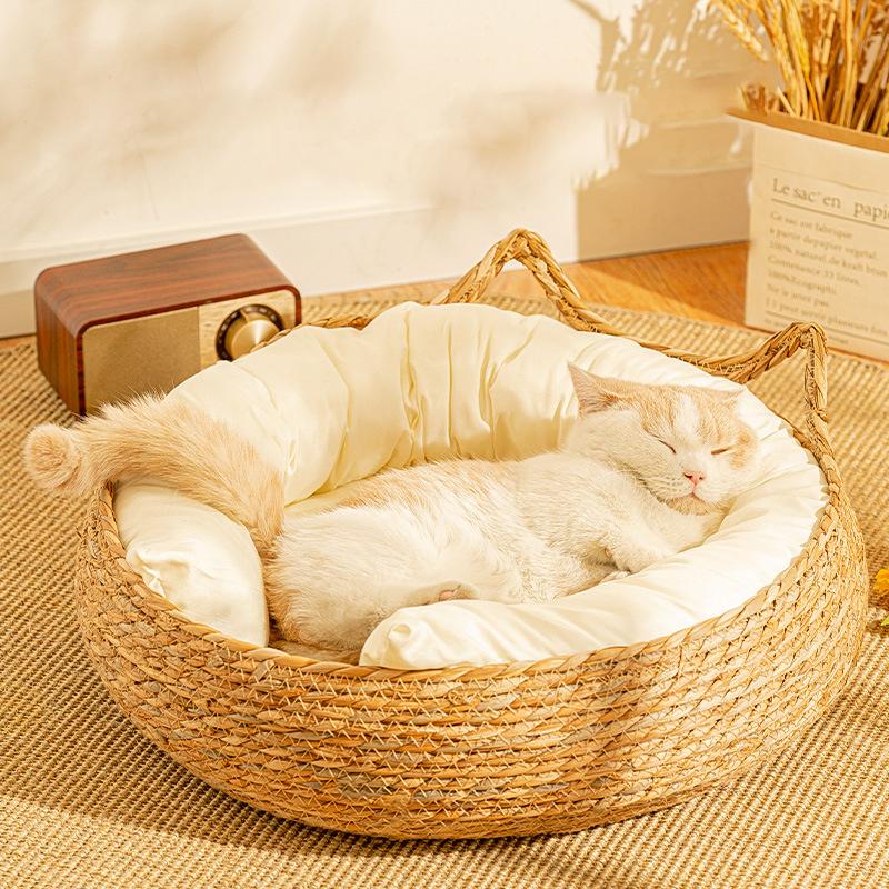 Four Seasons Cat Bed Woven Removable Upholstery Sleeping House Cat Scratch Floor Rattan Washable Cats Pet Products Accessories