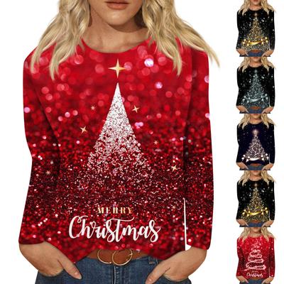 Women's Fashion Casual Long Sleeve Christmas Print Round Neck Pullover Top Blouse