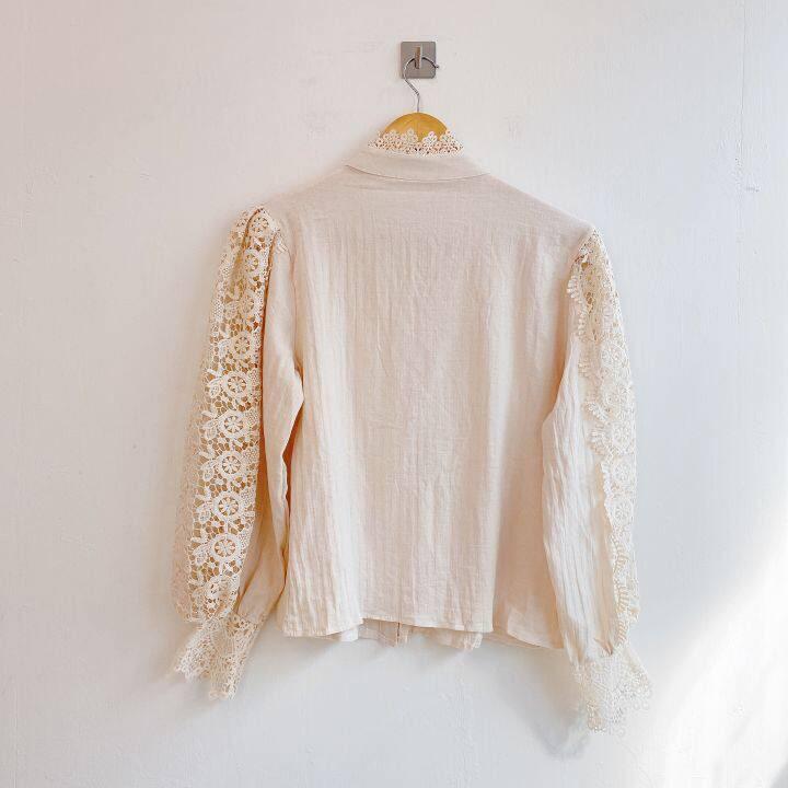Women Lace Blouses Petal Sleeve Women Blouse Chic Button Hollow Out Flower Lace Patchwork White Shirt Top Female Clothing