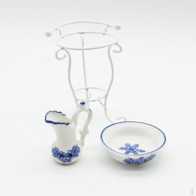 Conjunto Miniatura Casa de Bonecas Escala 1/12 Jarro de Água Floral Azul Bacia e Suporte