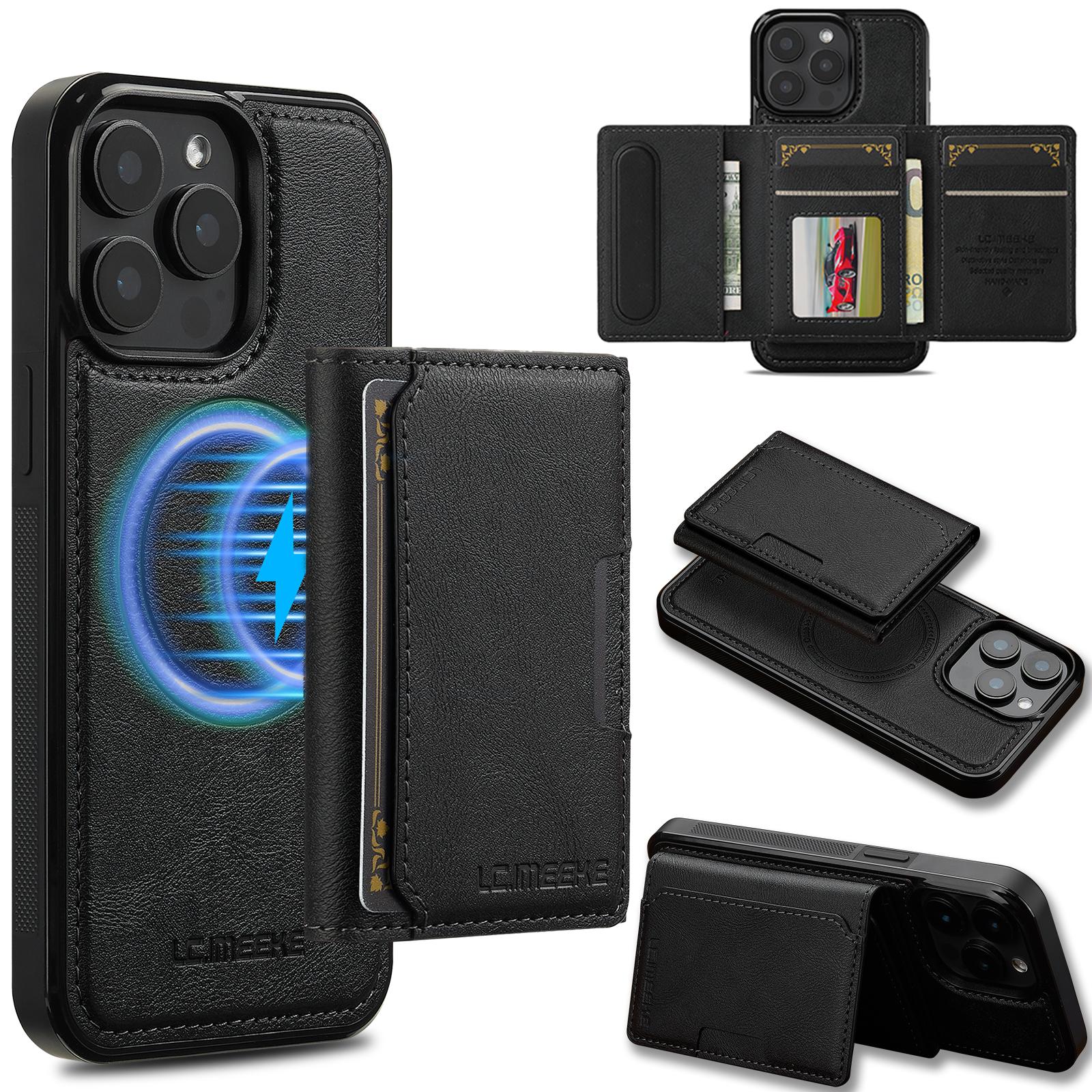

For iPhone 14 Pro Max Magnetic Phone Case Leather Back Cover with Detachable Card Holder Black