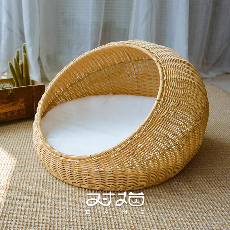 Large Semi-Enclosed Kitten Bed Handmade Rattan Woven Cat Litter Comfort Breathable Pet House Metal Frame Cat's Supplies