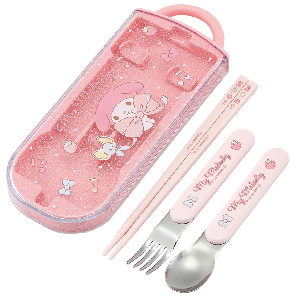Skater Lunch Box Trio and Made in Sanrio My Melody Big for TACC2AG Children's Set, Chopsticks, Spoon, Fork, Kids' Cutlery, Antibacterial, Easy-Open