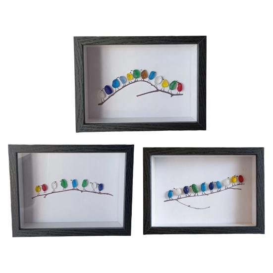 Sea Glass Art Photo Frame Home Decor with Handmade Sea Glass Birds in Black Wooden Frame Framed Sea Glass Bird Branch Ornaments