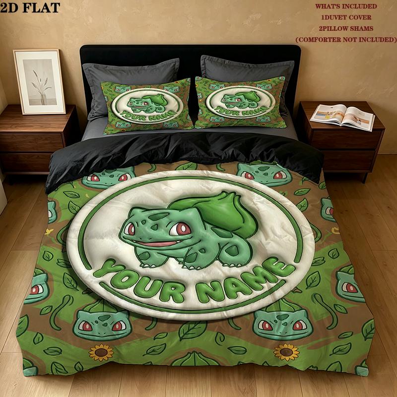 Custom Name,Bulbasaur Pattern Bedding Home Decoration Birthday Gift ( 1 duvet cover + 2 pillowcase, without core),fan merchandise.
