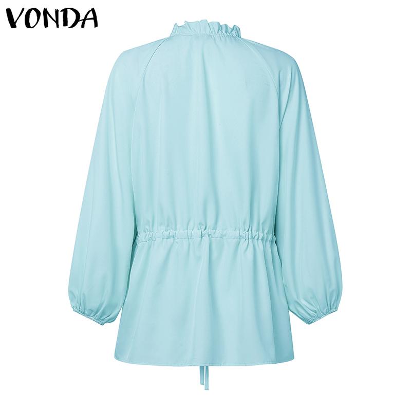 VONDA Women Casual Stand Collar Solid Color Long Sleeve Drawstring Waist Blouse Shirts