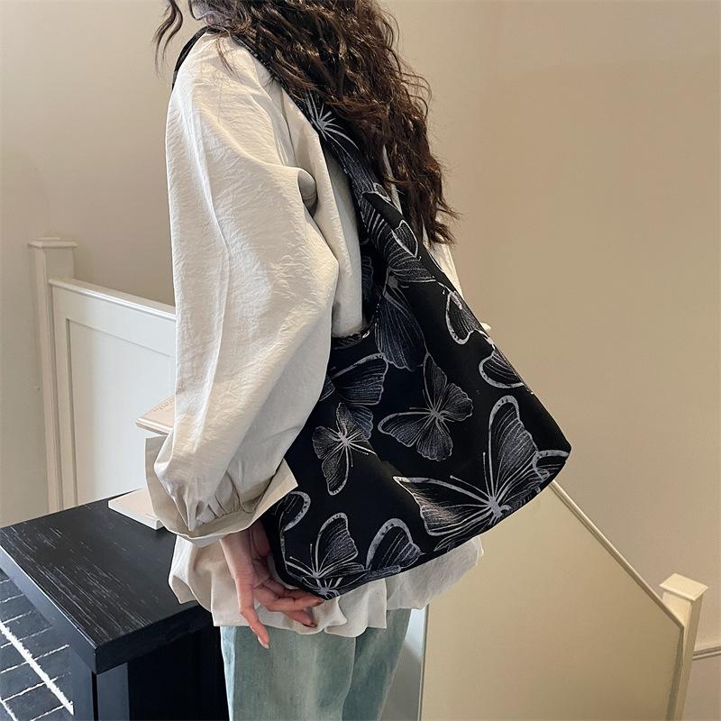 Canvas Tote Bag with Butterfly Print and Long Shoulder Strap for Women Daily Use