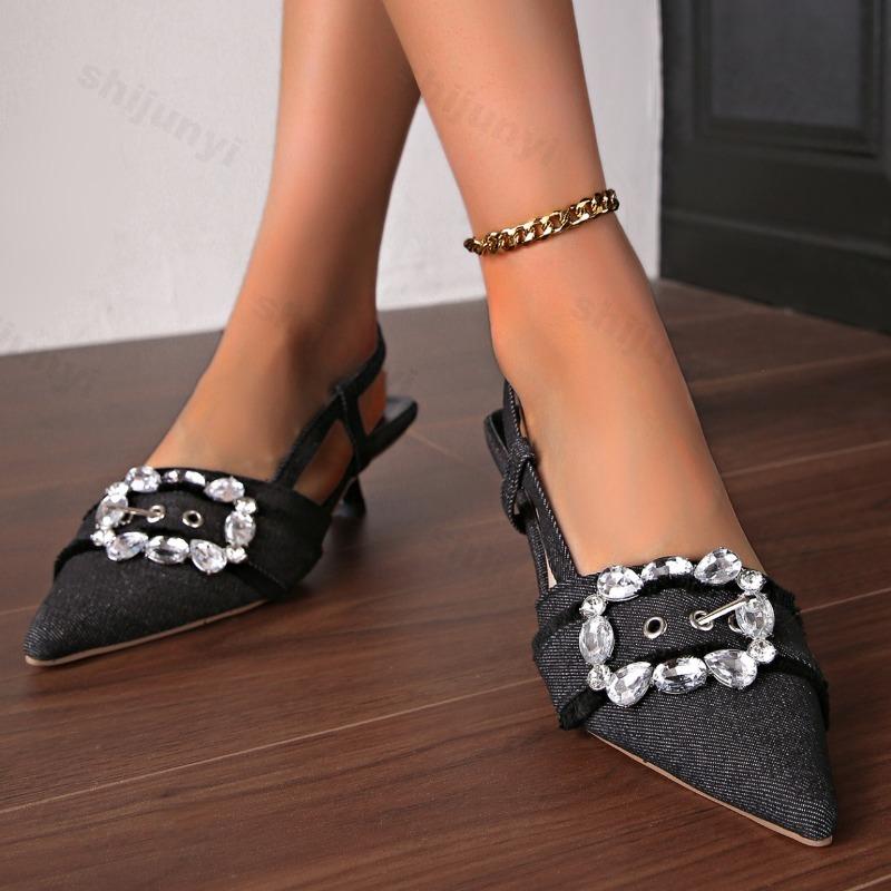 Fashion 2025 Summer High Heel Fashion Versatile Pointed Denim Rhinestone Design Square Buckle Decoration Shallow Mouth Slim Heel Sandals