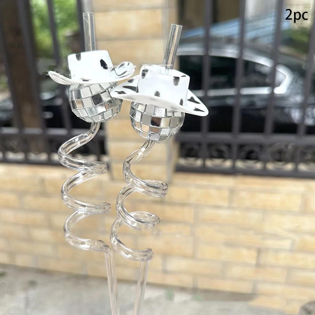 2pcs/set Cowboy Hat Straw Disco Party Decor Mini Cowboy Hat Straw Adult Birthday Bachelorette Party Bride To Be Party Straws