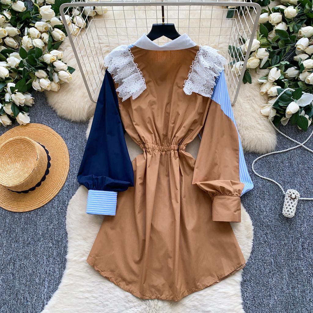 Retro Splicing Style Fake Two-piece Shirt Dress Women's Summer Long-sleeved Striped Waist Light Ripe Medium and Long Commuter Skirt
