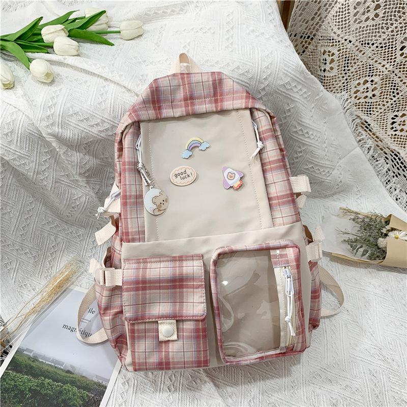 Зимний новый прозрачный карманный рюкзак студенческого стиля модный рюкзак в стиле колор-блок повседневный клетчатый рюкзак красный 1790₽