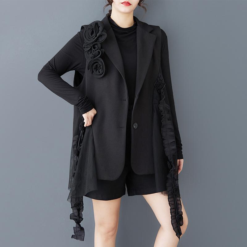 DIMANAF 2025 Spring Plus Size Women Sleeveless Buttons Vest Flower Style Solid Coat Casual Loose Black Tops