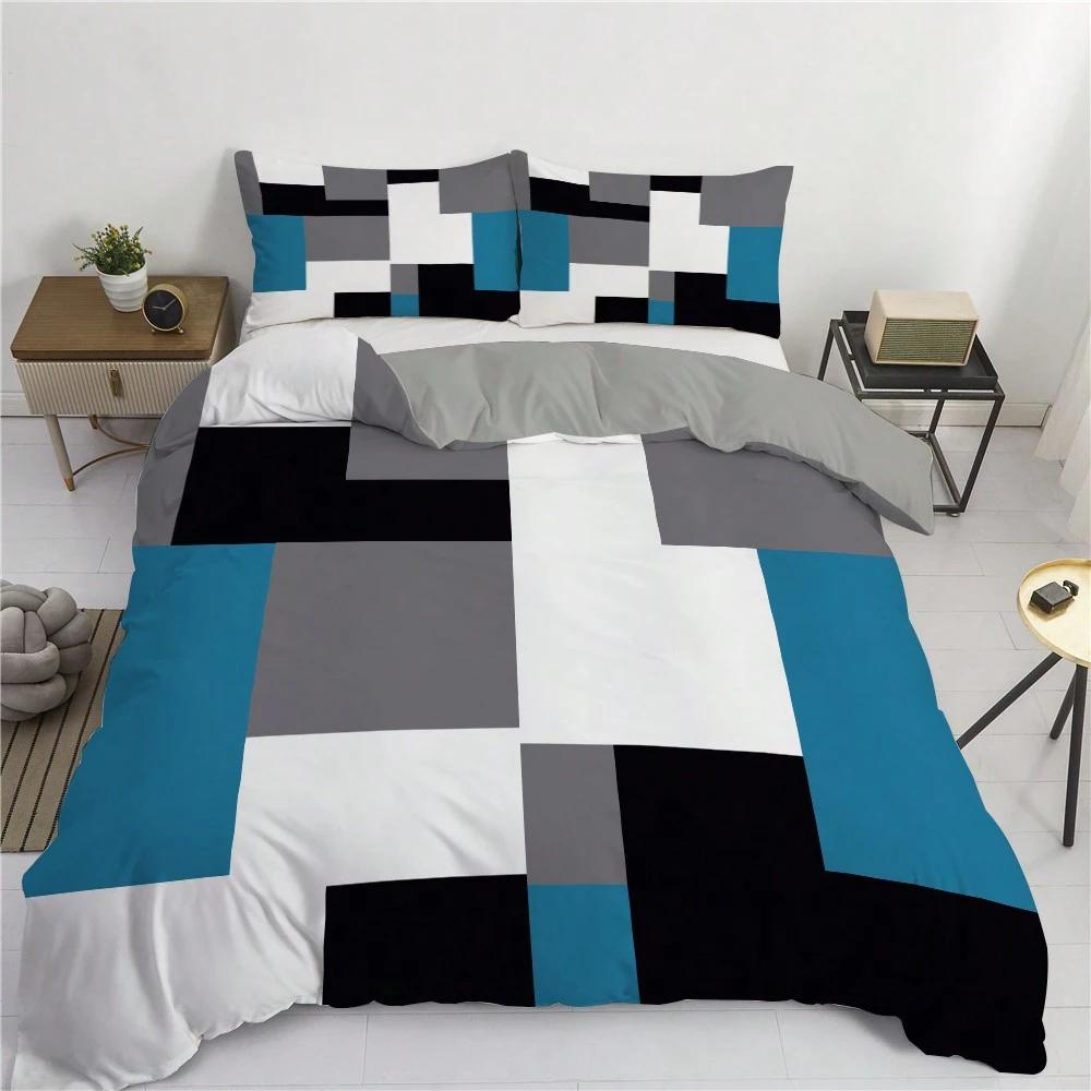 3pcs Blue Black And Gray Plaid Pattern Duvet Cover Set Simple Style Fashionable Pattern Room Decor Single Twin Queen King Size