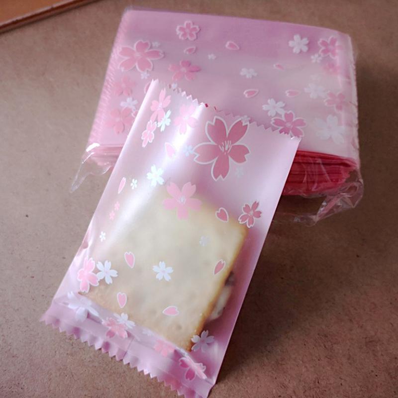100Pcs Multi-Size Sakura Pink Cherry Blossom Frosted Self-Adhesive Cellophane Bag Self Seal Cookies Packing Plastic Baker'S Bags