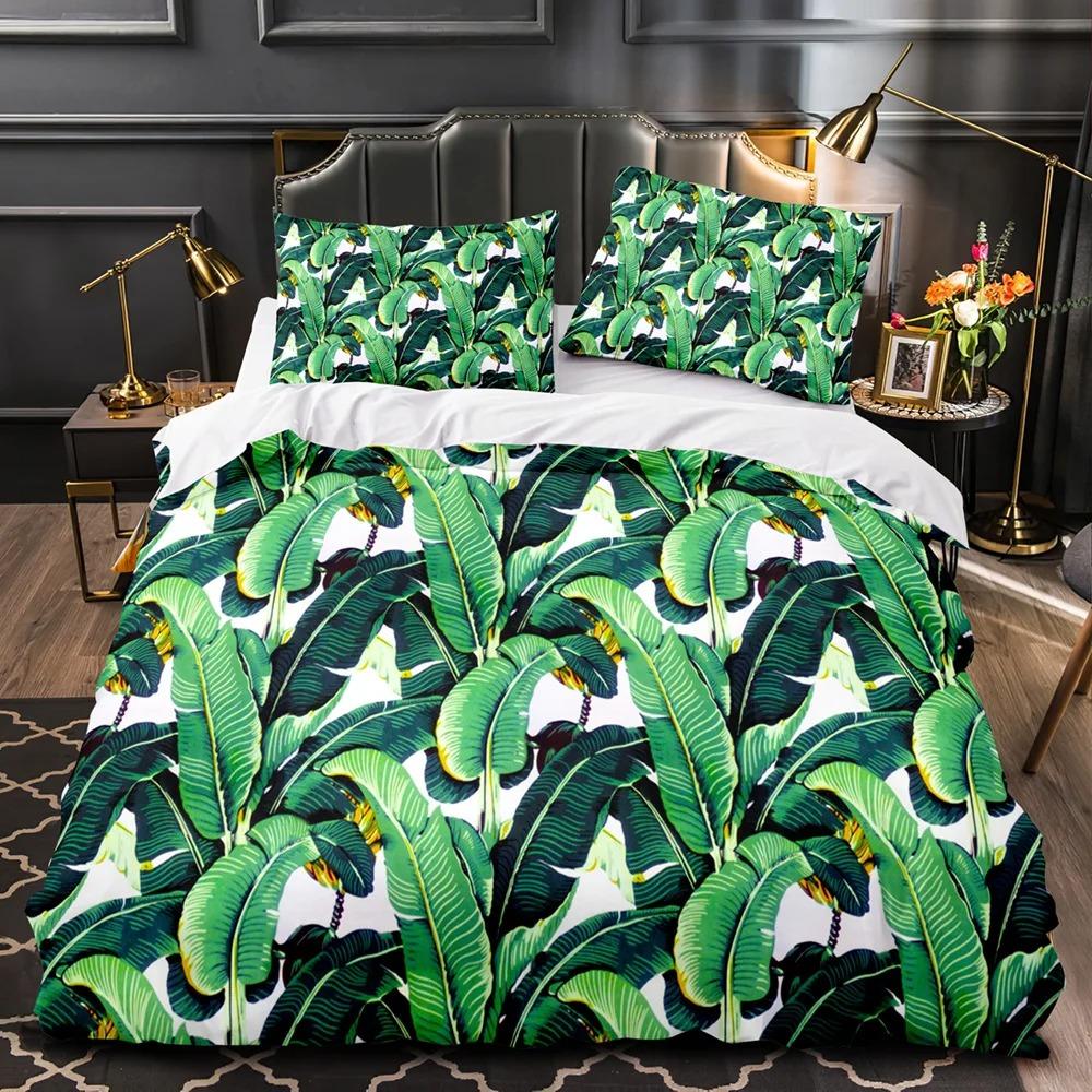 Tropical Plants Floral King Queen Duvet Cover Green Palm Leaves Bedding Set Cream-Colored Flowers 2-3Pcs Polyester Quilt Cover