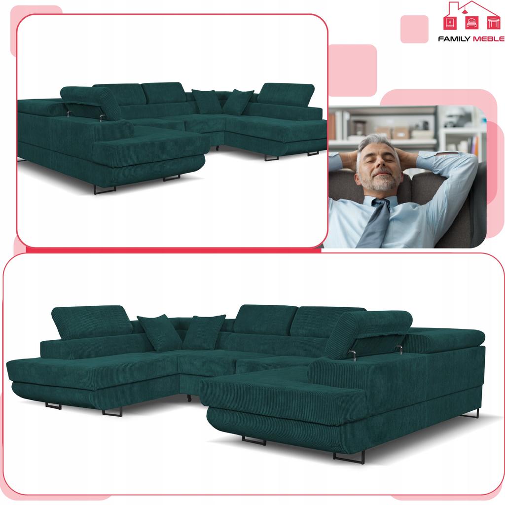 U-shaped Corner Sofa Bed, Extendable F. Savio Family Sleeping Furniture C Green Corduroy