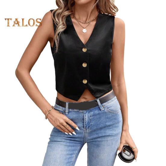 Dámské tílko bez rukávů s výstřihem do V, na knoflíky, krátké, letní, na vycházky, vesta, ležérní košile do práce