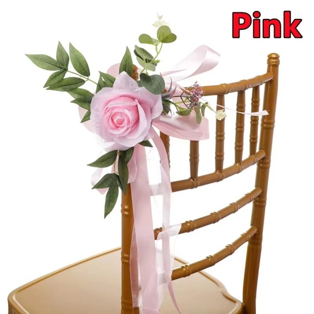 New Artificial Floral Wedding Aisle Decorations Chiffon Ribbon Floral Arrangements Backrest Flowers Pew Flowers Church Chair розовый