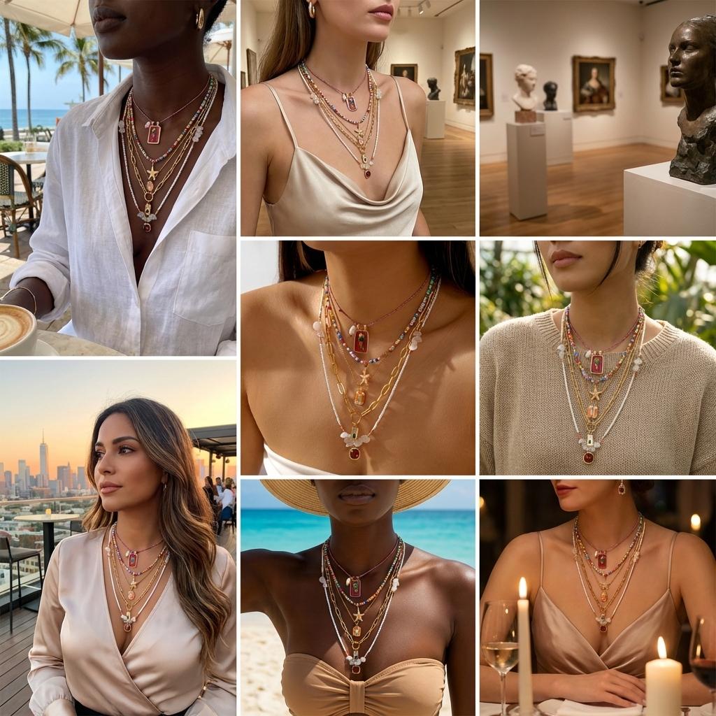 5PCS/Set Fashionable Multi-Layer Starfish Drop Oil Square Fish Pendant Beaded Necklace for Women Colorful Choker Cool And Trendy