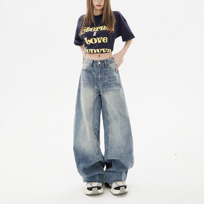Women s American-Style High-Waisted Wide-Leg Jeans with Frayed Hem Extra Large