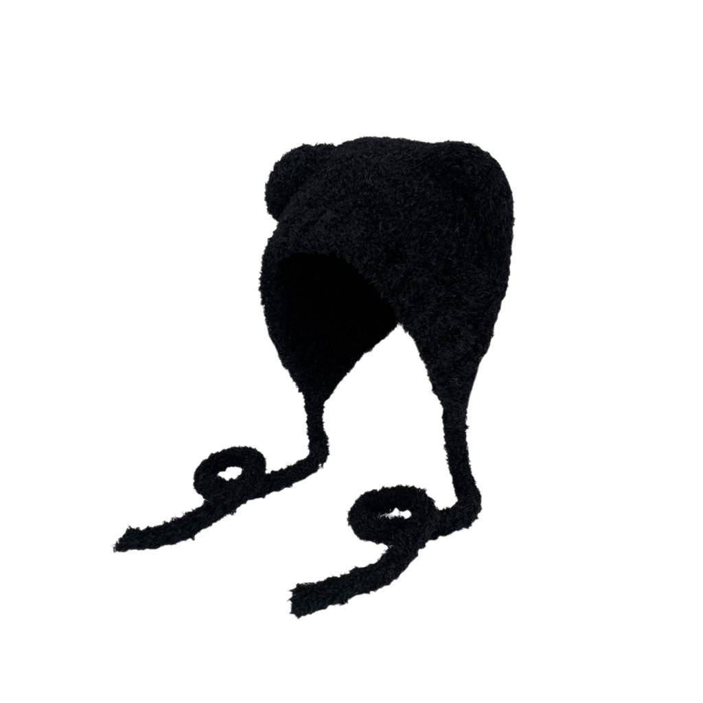 Cute Bear Ear Knit Hat For Women Winter Warm Plush Earmuffs Tie Headband Cap