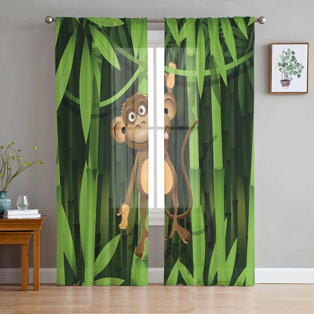 Green Bamboo Zen Plant Tulle Curtains Modern Chiffon Sheer for Living Room Bedroom Kitchen