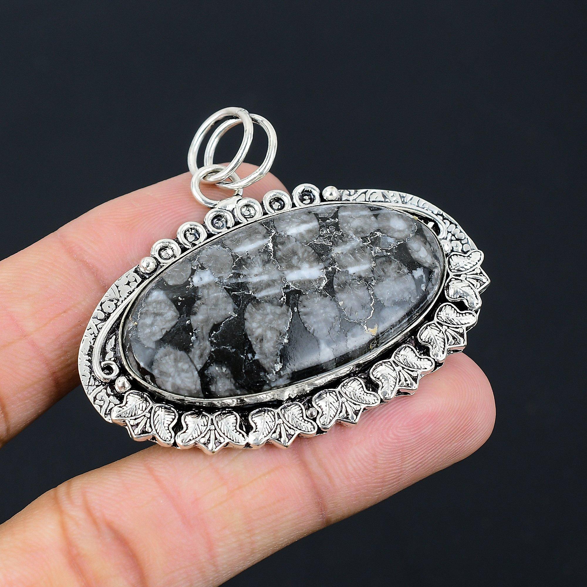 

925 Silver Oval Natural Black Fossil Coral Wife Wedding Engagement New Pendant