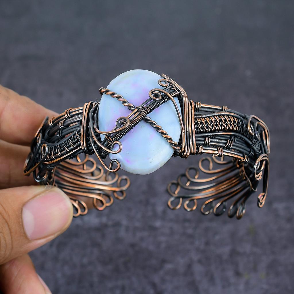 Angelite Stone Gemstone Handmade Copper Wire Wrap Cuff Bangle Adjustable D2q29