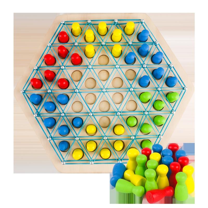 Wooden Hexagonal Strategy Game Triangular Chess,Educational Brain Teaser Puzzle,with Colorful Pegs and Rubber Bands,for Ages 3-6,Attention Enhancement