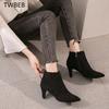 2025 New Luxury Leopard Women Boots Pointed Suede Winter Casual Shoes Hoof Heels Zip Pointed Toe Ankle Boots Big Size 43