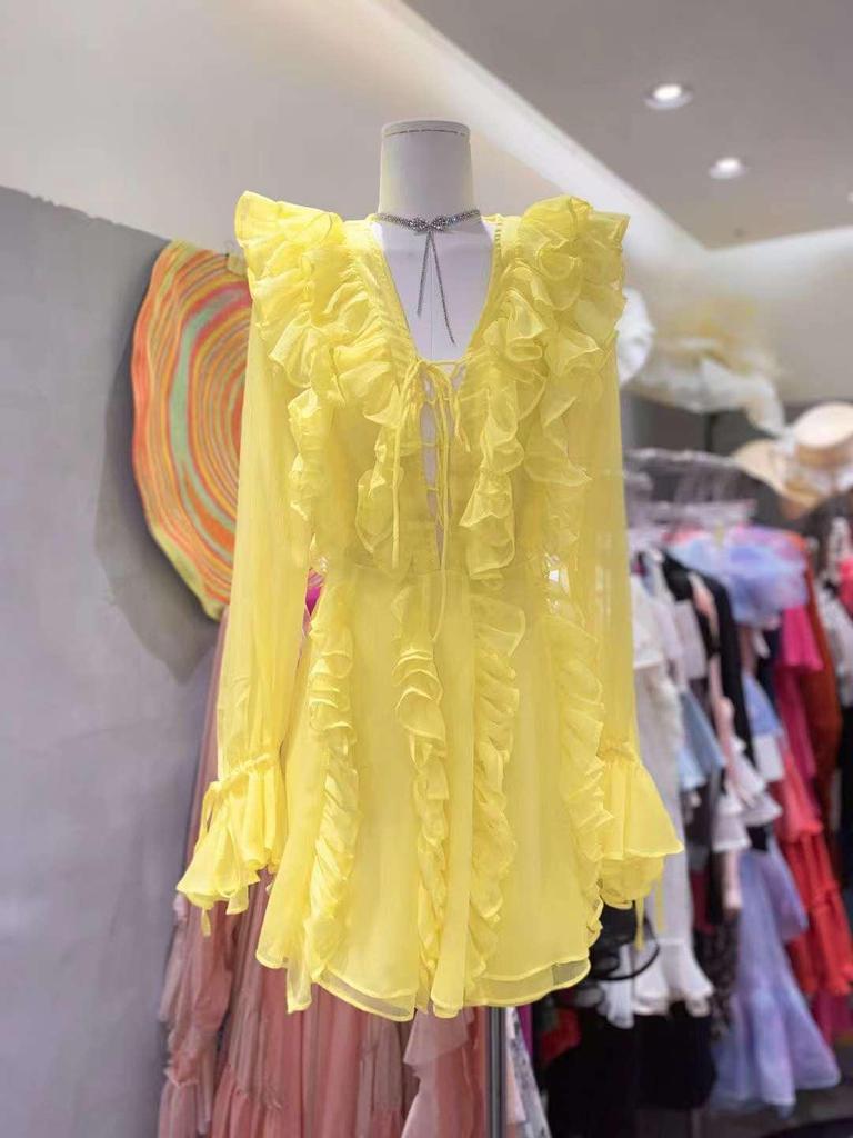 Shisanhang 2024 Spring/Summer V-Neck Ruffled Waist Sweet Fairy Dress