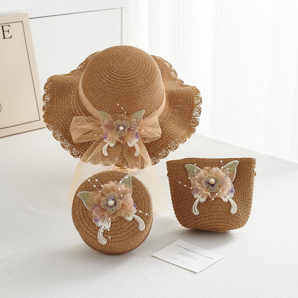 Girl Summer Straw Sun Hat And Bag 2pcs/set Breathable Wide Brim Beach Cap Children Girls Bucket Hat for Sun Protection