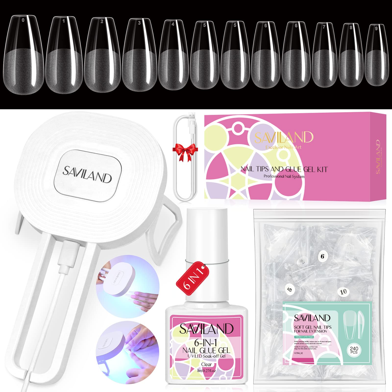 

Saviland Nail Tip Kit, 240-Piece Ultra-Thin Nail Tip Set, 6-in-1 Nail Glue, Handheld Nail Light with Type-C Cable, Nail Glue Gel Kit, Nail Art, 02